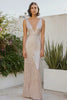 Load image into Gallery viewer, Champagne Sparkly V-Neck Sheath Long Formal Dress