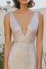 Load image into Gallery viewer, Champagne Sparkly V-Neck Sheath Long Formal Dress