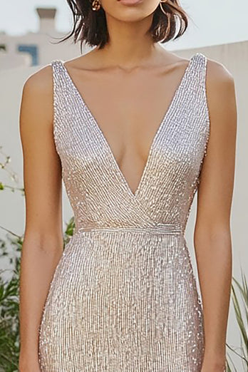 Champagne Sparkly V-Neck Sheath Long Formal Dress