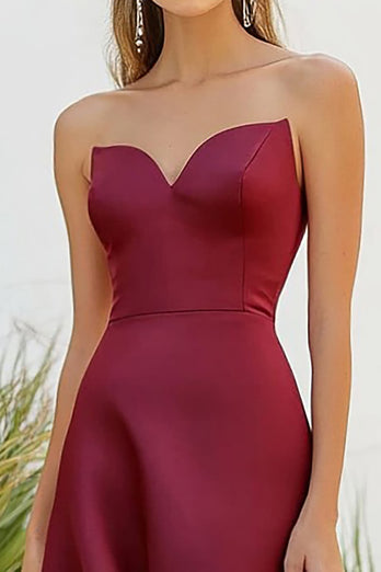 Burgundy Strapless A Line Tea-Length Formal Dress