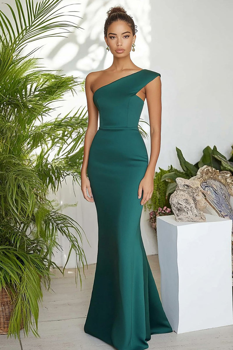 Load image into Gallery viewer, Dark Green One Shoulder Sheath Long Formal Dress