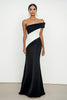 Load image into Gallery viewer, Black White Strapless Satin Sheath Long Formal Dress