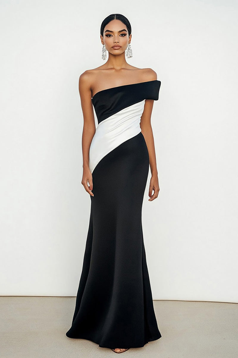 Load image into Gallery viewer, Black White Strapless Satin Sheath Long Formal Dress