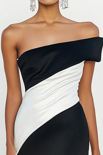 Black White Strapless Satin Sheath Long Formal Dress