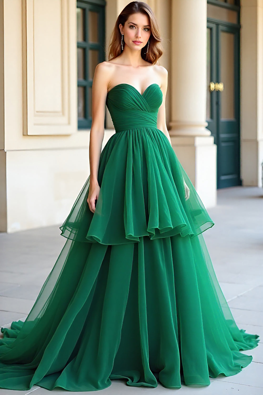 Green Sweetheart Tiered Tulle Long Prom Dress