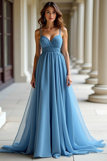 Blue Ruched A Line Long Prom Dress