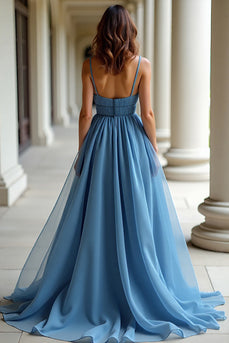 Blue Ruched A Line Long Prom Dress