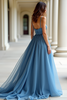 Load image into Gallery viewer, Blue Ruched A Line Long Prom Dress