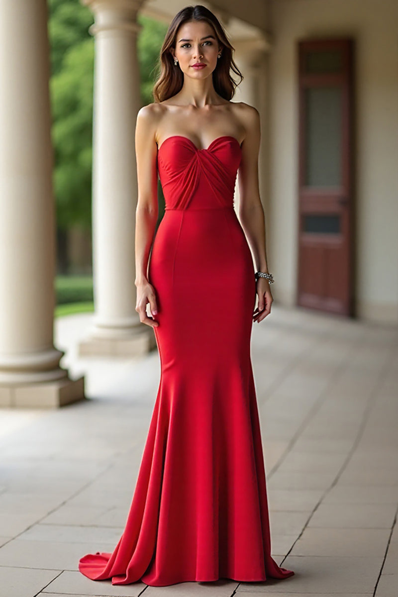 Load image into Gallery viewer, Red Strapless Sheath Satin Long Prom Dress