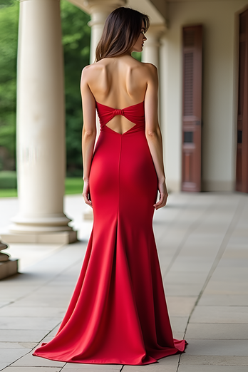 Red Strapless Sheath Satin Long Prom Dress