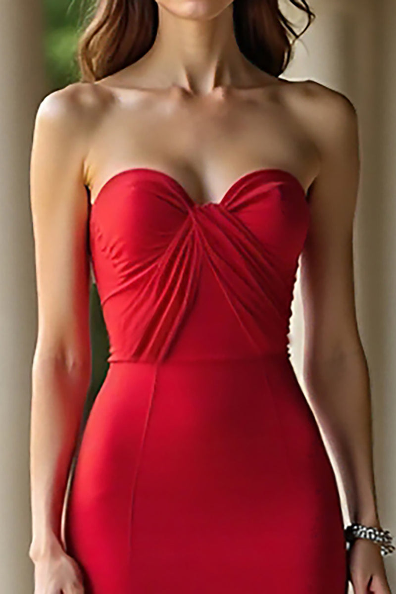 Load image into Gallery viewer, Red Strapless Sheath Satin Long Prom Dress