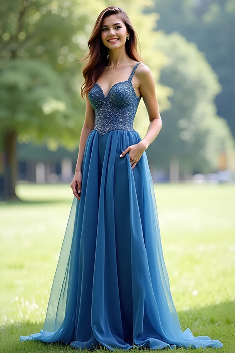 Load image into Gallery viewer, Sparkly Grey Blue Beaded A Line Long Prom Dress