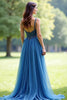 Load image into Gallery viewer, Sparkly Grey Blue Beaded A Line Long Prom Dress