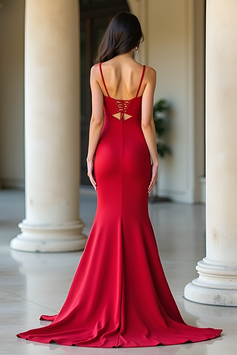 Load image into Gallery viewer, Sheath Red Ruched Satin Long Prom Dress