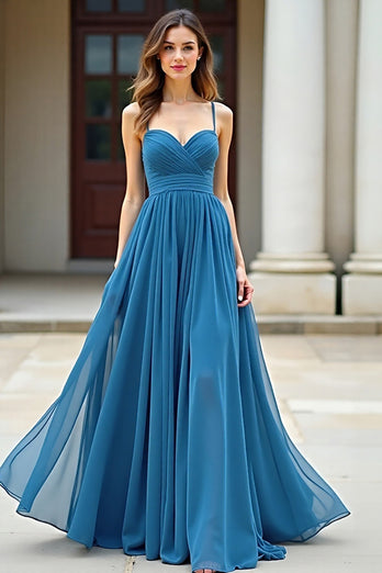 Blue Ruched Spaghetti Straps Long Prom Dress