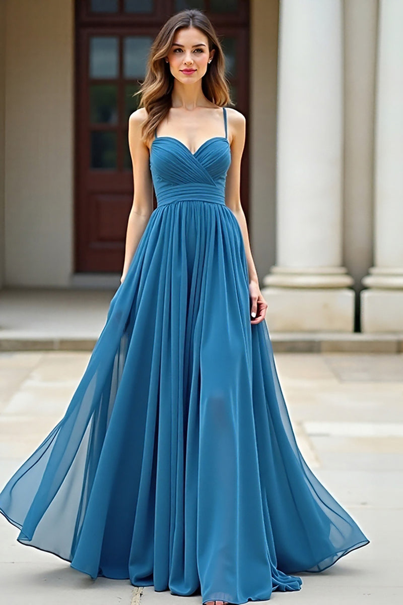 Load image into Gallery viewer, Blue Ruched Spaghetti Straps Long Prom Dress