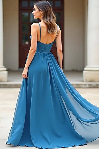 Blue Ruched Spaghetti Straps Long Prom Dress