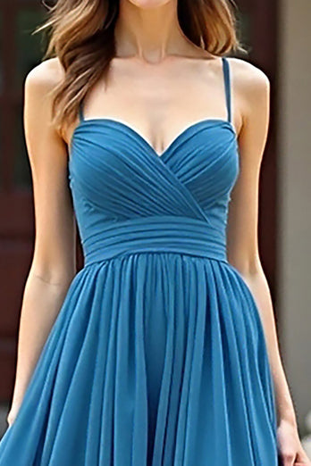 Blue Ruched Spaghetti Straps Long Prom Dress