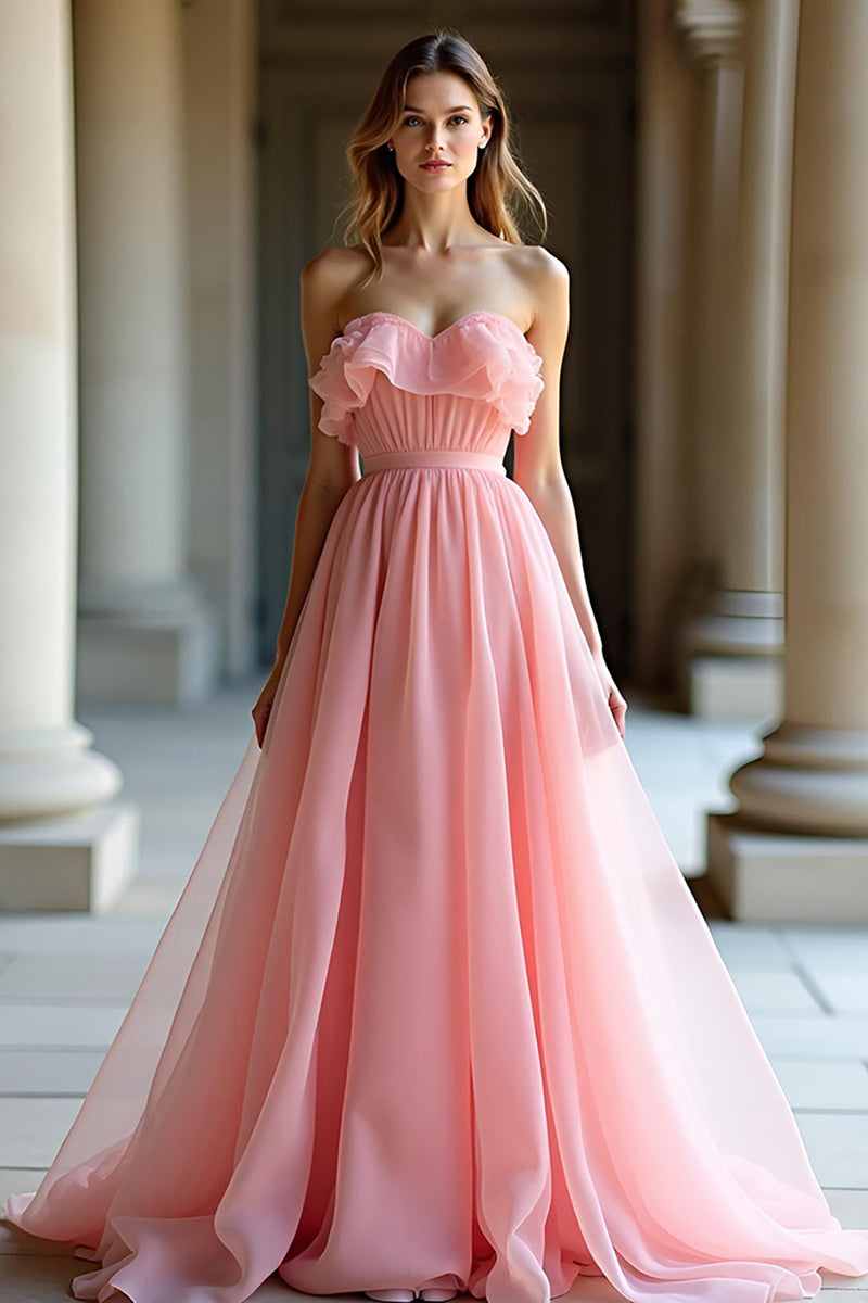 Load image into Gallery viewer, Pink Ruched Strapless A Line Long Prom Dress with Ruffles