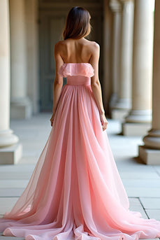 Pink Ruched Strapless A Line Long Prom Dress with Ruffles