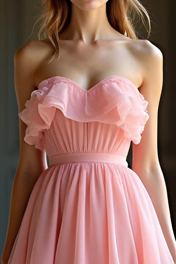 Pink Ruched Strapless A Line Long Prom Dress with Ruffles