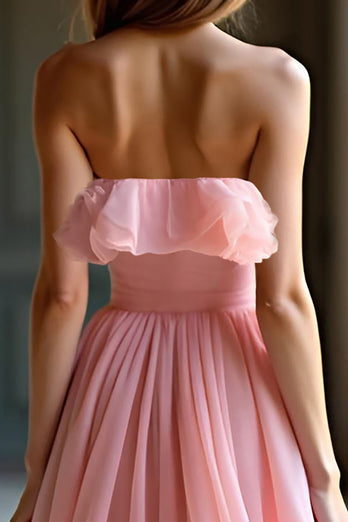 Pink Ruched Strapless A Line Long Prom Dress with Ruffles