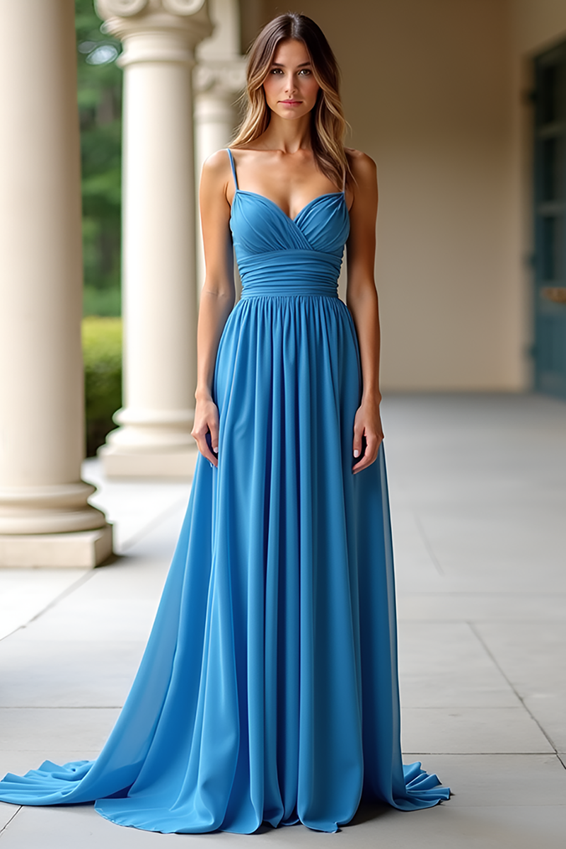 Load image into Gallery viewer, Ruched Blue A Line Long Prom Dress with Slit