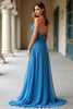 Load image into Gallery viewer, Ruched Blue A Line Long Prom Dress with Slit