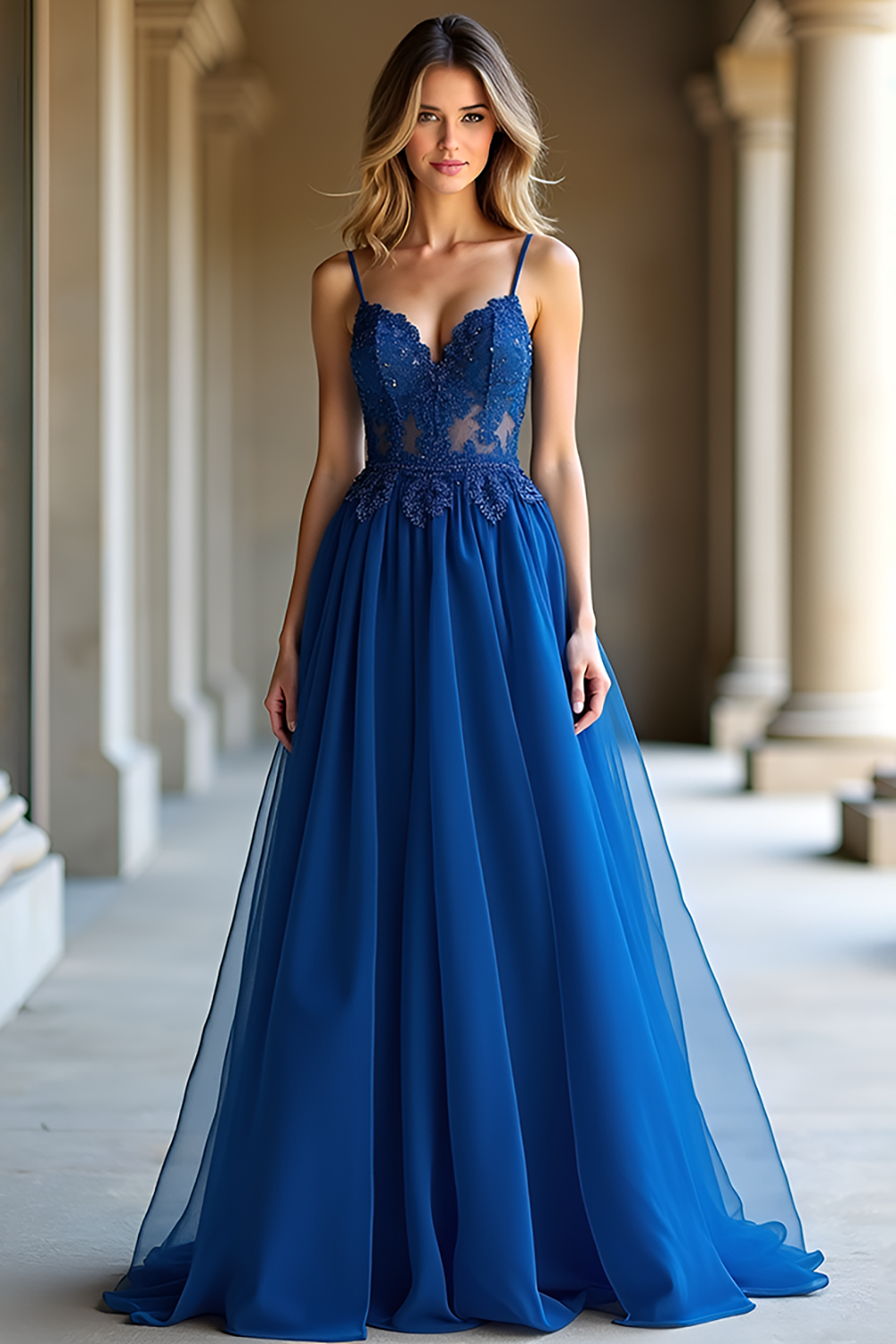 Lace Dark Blue A Line Long Prom Dress with Appliques