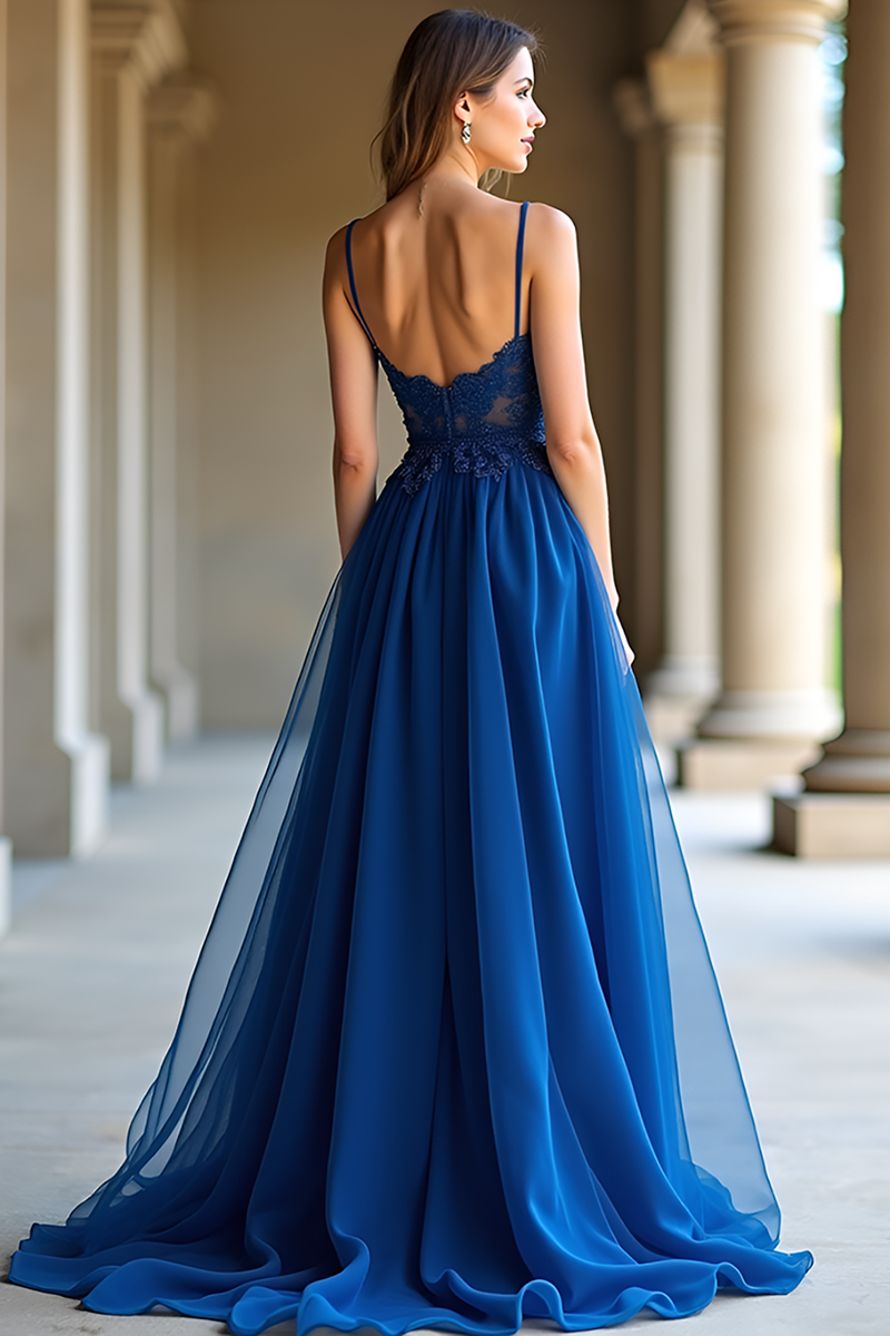 Load image into Gallery viewer, Lace Dark Blue A Line Long Prom Dress with Appliques