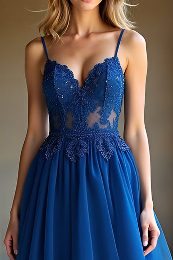 Lace Dark Blue A Line Long Prom Dress with Appliques