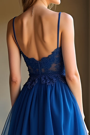 Lace Dark Blue A Line Long Prom Dress with Appliques