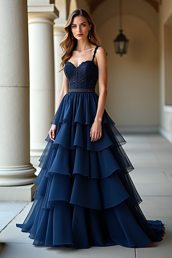 Navy Tiered Lace Long Prom Dress with Ruffles