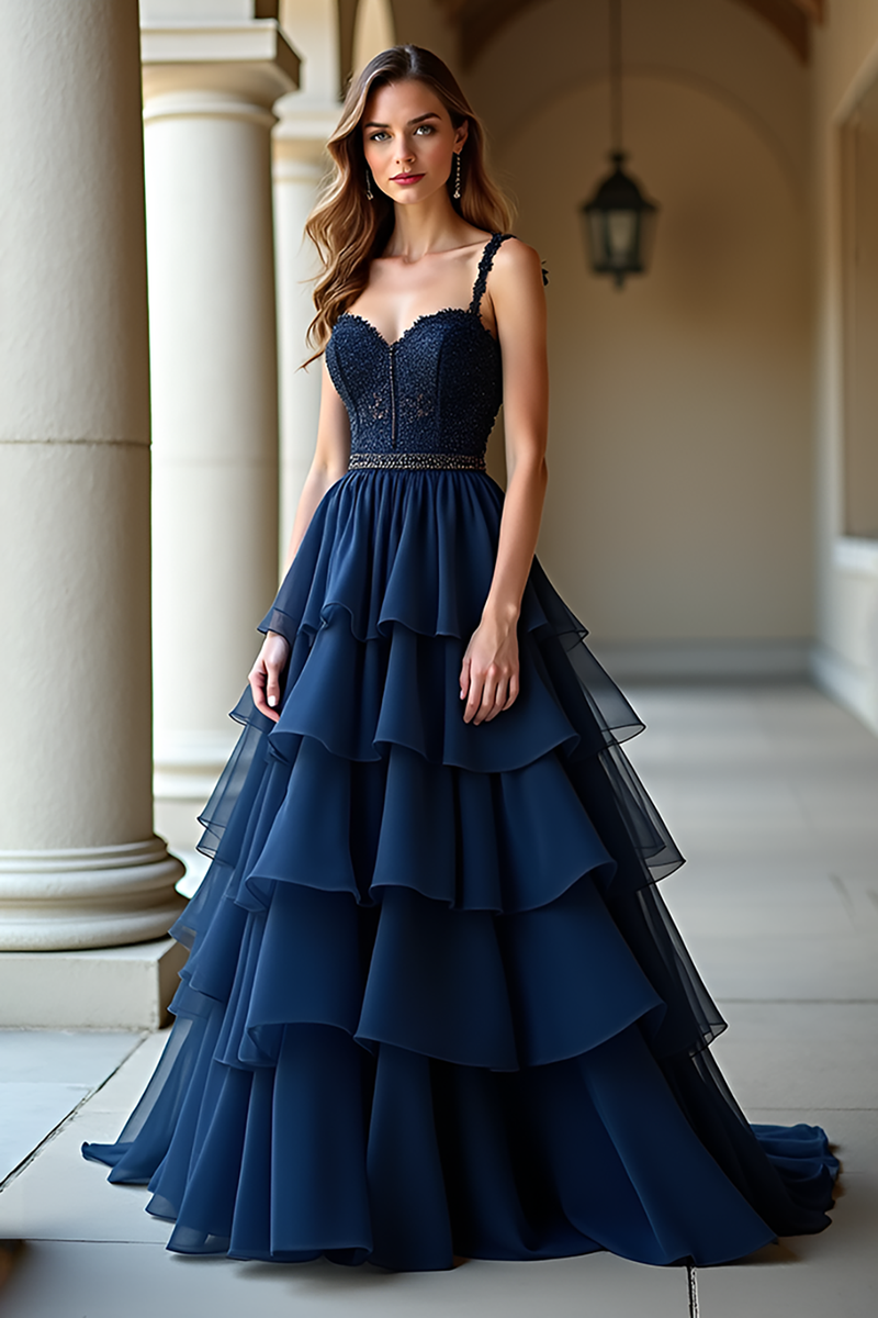 Load image into Gallery viewer, Navy Tiered Lace Long Prom Dress with Ruffles