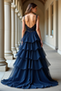 Load image into Gallery viewer, Navy Tiered Lace Long Prom Dress with Ruffles