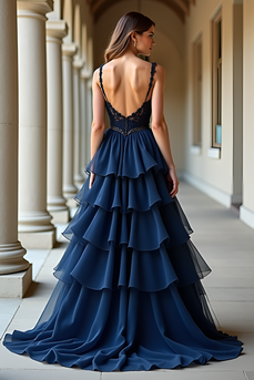 Navy Tiered Lace Long Prom Dress with Ruffles