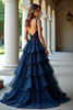 Load image into Gallery viewer, Navy Tiered Lace Long Prom Dress with Ruffles