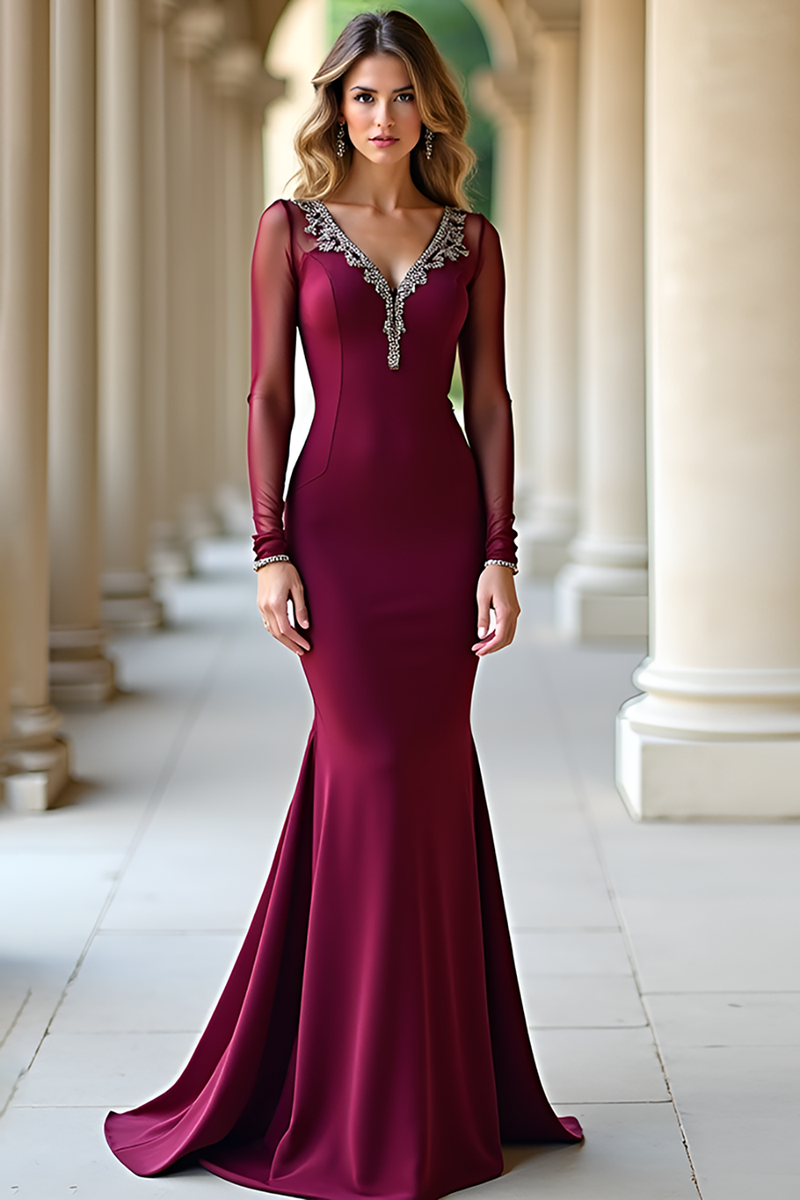 Load image into Gallery viewer, Sparkly Burgundy Sheath Beaded Long Prom Dress with Long Sleeves