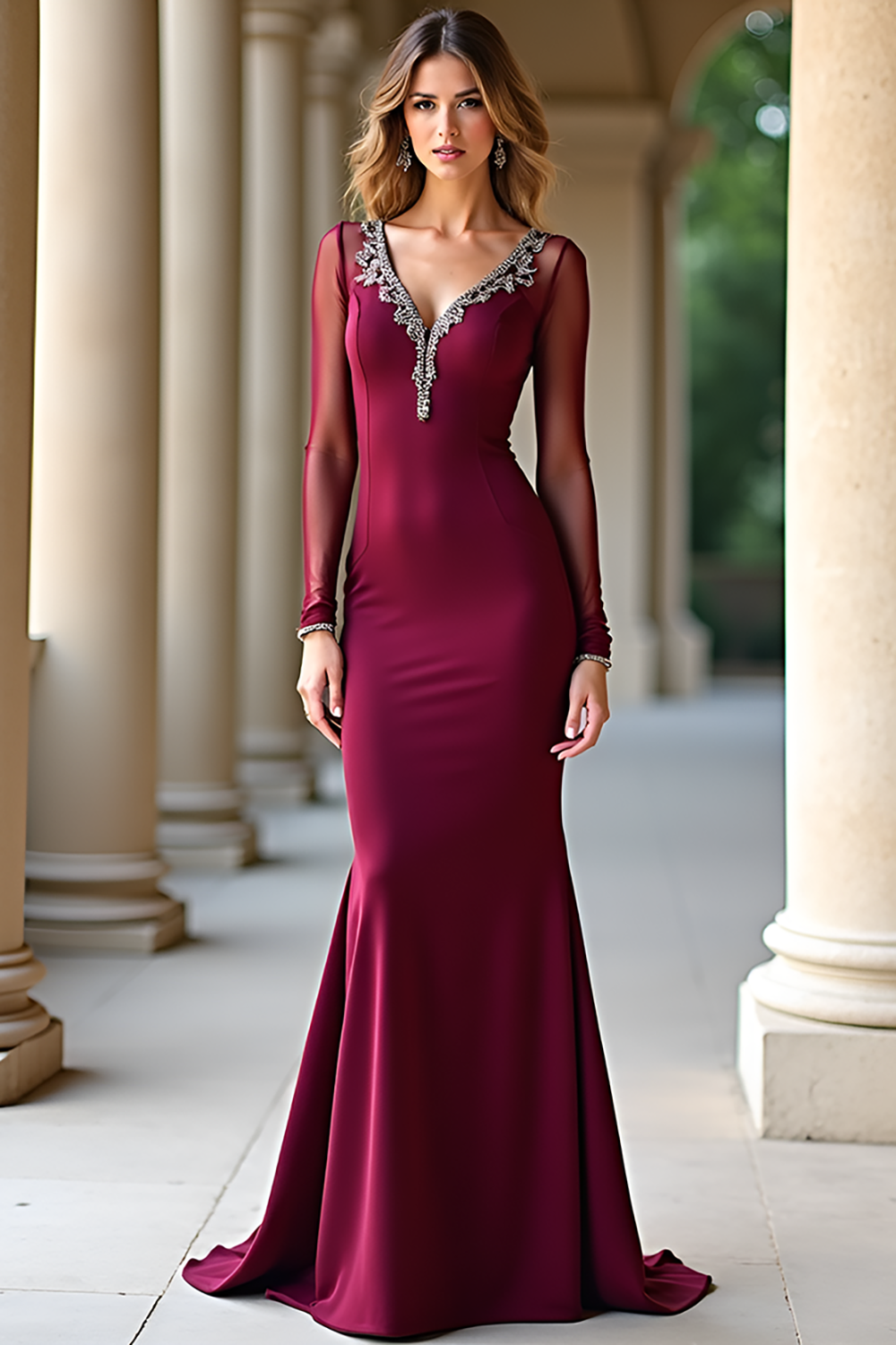 Sparkly Burgundy Sheath Beaded Long Prom Dress with Long Sleeves