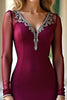 Load image into Gallery viewer, Sparkly Burgundy Sheath Beaded Long Prom Dress with Long Sleeves