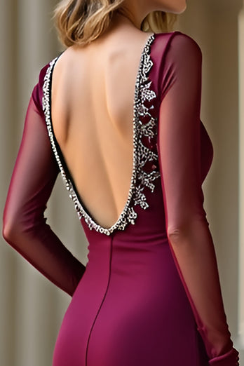 Sparkly Burgundy Sheath Beaded Long Prom Dress with Long Sleeves