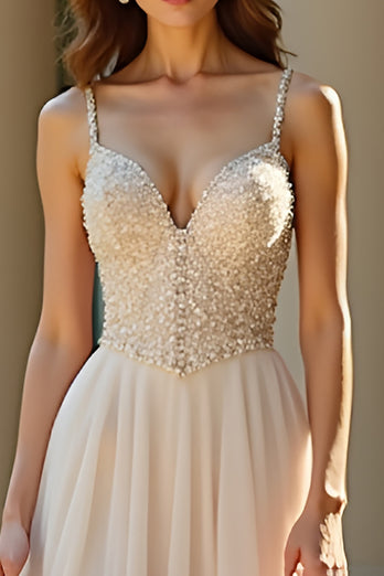 Sparkly Champagne Beaded A Line Long Prom Dress