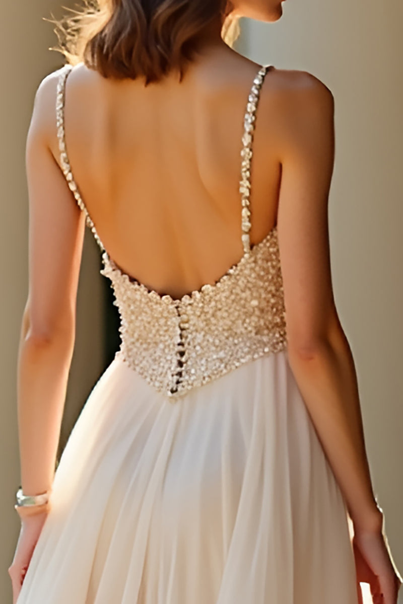 Load image into Gallery viewer, Sparkly Champagne Beaded A Line Long Prom Dress