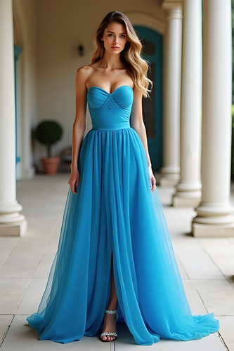 Ruched Blue A Line Strapless Long Prom Dress