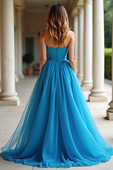 Ruched Blue A Line Strapless Long Prom Dress