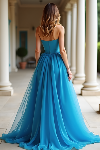 Ruched Blue A Line Strapless Long Prom Dress