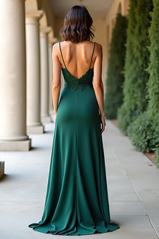 Dark Green Sheath Satin Long Prom Dress with Appliques