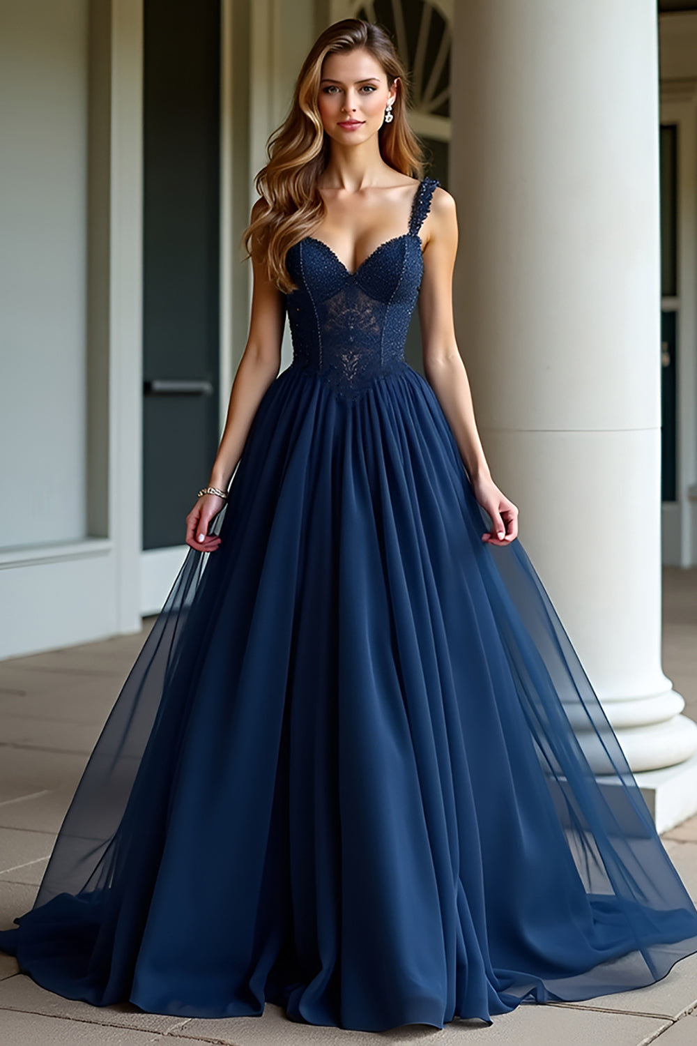 Navy Spaghetti Straps A Line Long Prom Dress