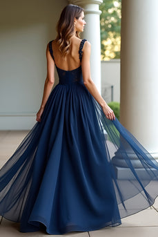 Navy Spaghetti Straps A Line Long Prom Dress