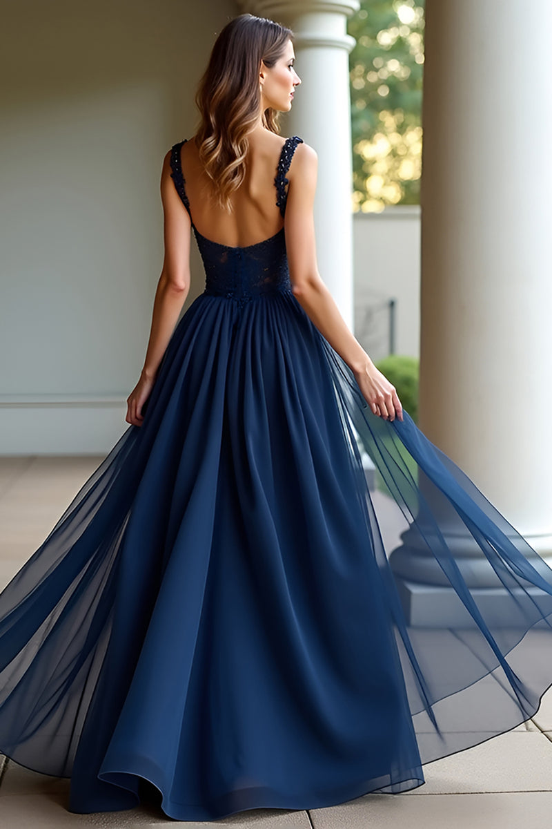 Load image into Gallery viewer, Navy Spaghetti Straps A Line Long Prom Dress